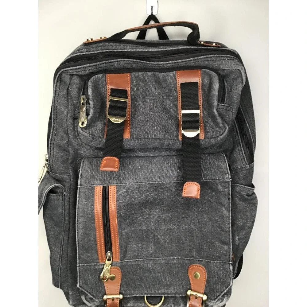 Kaukko Canvas Backpack Rucksack Charcoal Gray Leather Trim Travel Laptop School